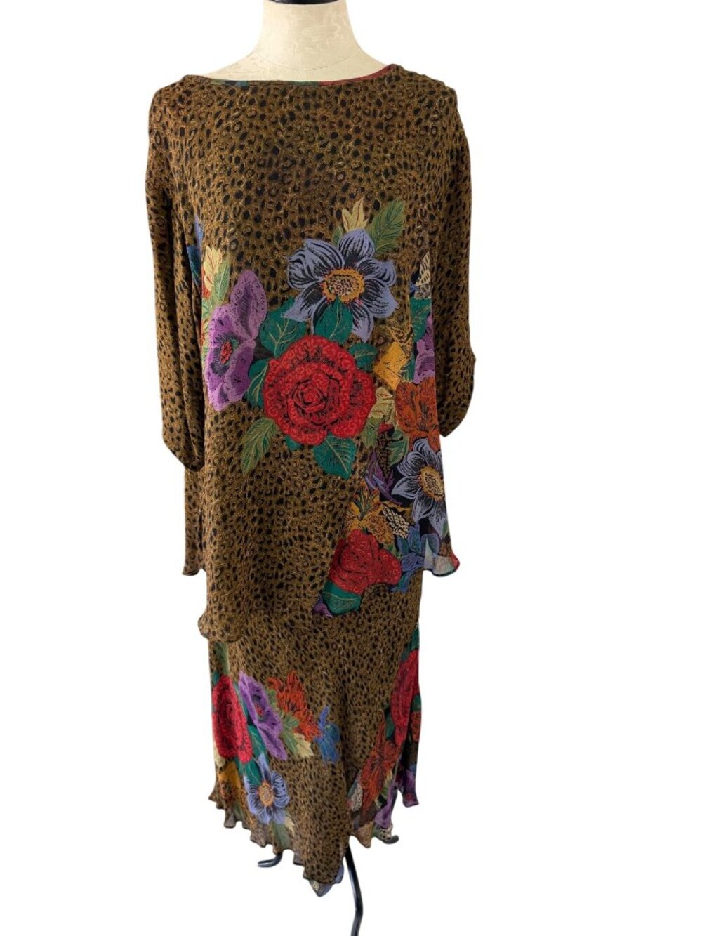 Platinum By Dorothy Schoelen Womens Leopard Floral Print Skirt Top Set Size L